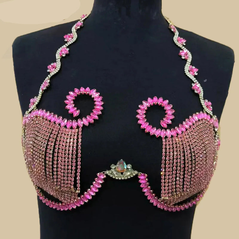 Vibrant Rhinestone Glass Metal Swirl Chain Bra Top