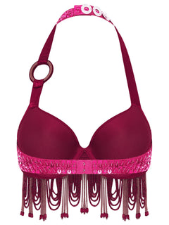 Sequin Beaded Fringe Tassel Performance Costume Halter Bra Top