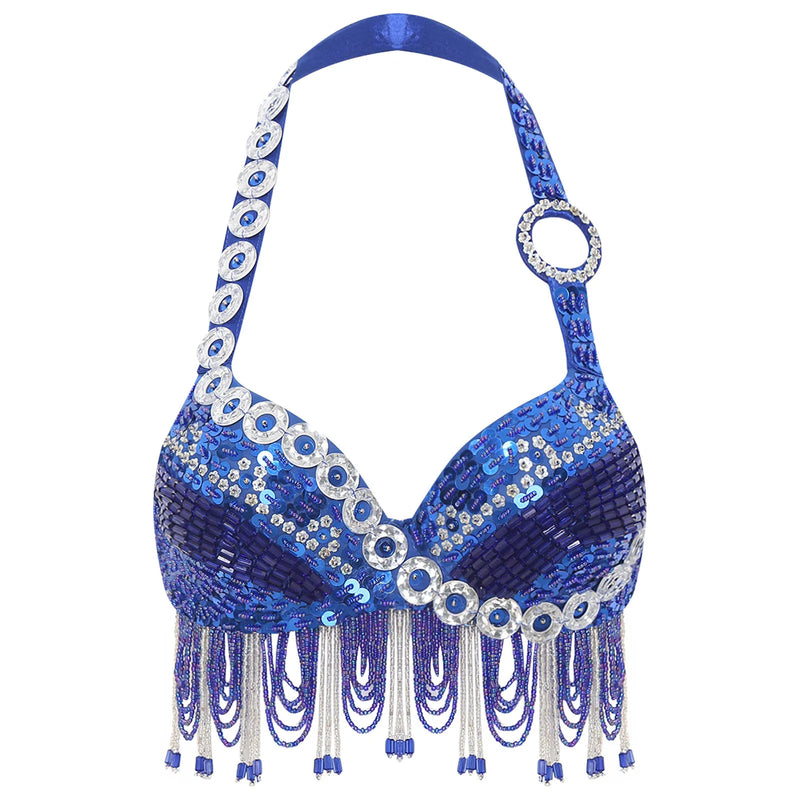 Sequin Beaded Fringe Tassel Performance Costume Halter Bra Top