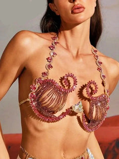 Vibrant Rhinestone Glass Metal Swirl Chain Bra Top