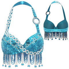 Sequin Beaded Fringe Tassel Performance Costume Halter Bra Top