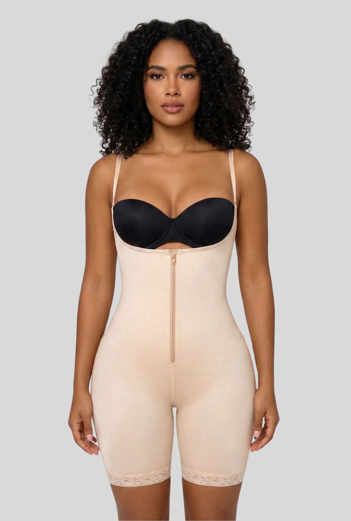 Open Bust Full Body Suit MIid-Thigh w/Front Zipper & Lace