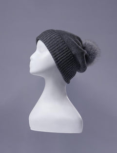 Erdenet: Slouch Pom Hat- 100% Mongolian Cashmere and Real Rabbit Fur