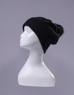 Erdenet: Slouch Pom Hat- 100% Mongolian Cashmere and Real Rabbit Fur