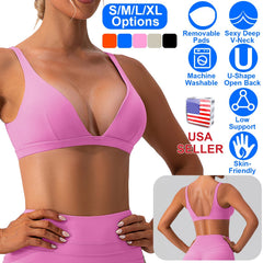 Women Deep V-Neck Sports Bras U-Shaped Back Sport Bras Padded Strappy Crop Open Back Low Impact Bras Sexy Fitness Tank Tops with Removable Pads for Gy