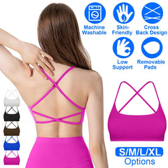 Women Cross Back Sport Bras Padded Strappy Crop Open Back Low Impact Bras Sexy Fitness Tank Tops with Removable Pads Thin Straps for Gym Yoga Workout