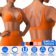 Women Deep V-Neck Sports Bras U-Shaped Back Sport Bras Padded Strappy Crop Open Back Low Impact Bras Sexy Fitness Tank Tops with Removable Pads for Gy