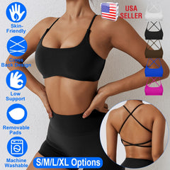 Women Cross Back Sport Bras Padded Strappy Crop Open Back Low Impact Bras Sexy Fitness Tank Tops with Removable Pads Thin Straps for Gym Yoga Workout