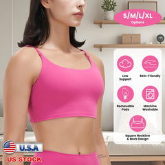 Women Strap Sport Bras Padded Strappy Crop Square Neck Low Impact Bras Sexy Fitness Tank Tops with Removable Pads Flat Straps for Gym Yoga Workout Run