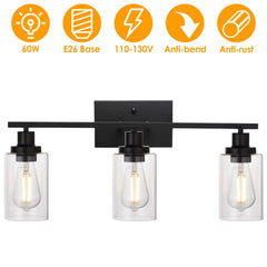 3 Light Wall Sconce Lighting with Clear Glass Shade Bathroom Vanity Lamp Fixture Modern Mounted Light for Porch Mirror Living Room Bedroom Hallway