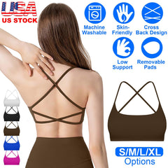 Women Cross Back Sport Bras Padded Strappy Crop Open Back Low Impact Bras Sexy Fitness Tank Tops with Removable Pads Thin Straps for Gym Yoga Workout