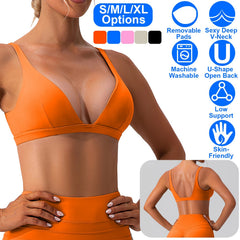 Women Deep V-Neck Sports Bras U-Shaped Back Sport Bras Padded Strappy Crop Open Back Low Impact Bras Sexy Fitness Tank Tops with Removable Pads for Gy