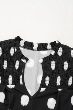 Black Polka Dot Print Smocked Notched Neck Balloon Sleeve Blouse