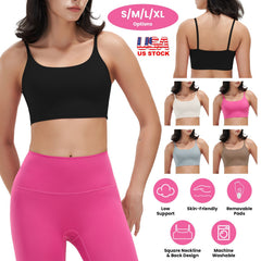 Women Strap Sport Bras Padded Strappy Crop Square Neck Low Impact Bras Sexy Fitness Tank Tops with Removable Pads Flat Straps for Gym Yoga Workout Run
