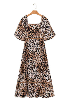 Brown Leopard Print Puff Sleeve Ricrac Maxi Dress