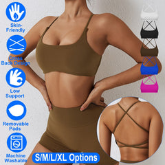 Women Cross Back Sport Bras Padded Strappy Crop Open Back Low Impact Bras Sexy Fitness Tank Tops with Removable Pads Thin Straps for Gym Yoga Workout