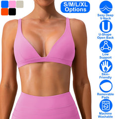 Women Deep V-Neck Sports Bras U-Shaped Back Sport Bras Padded Strappy Crop Open Back Low Impact Bras Sexy Fitness Tank Tops with Removable Pads for Gy