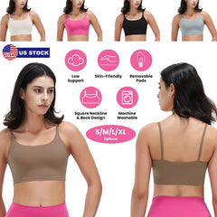 Women Strap Sport Bras Padded Strappy Crop Square Neck Low Impact Bras Sexy Fitness Tank Tops with Removable Pads Flat Straps for Gym Yoga Workout Run