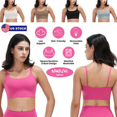 Women Strap Sport Bras Padded Strappy Crop Square Neck Low Impact Bras Sexy Fitness Tank Tops with Removable Pads Flat Straps for Gym Yoga Workout Run