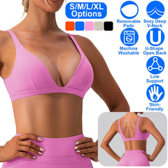 Women Deep V-Neck Sports Bras U-Shaped Back Sport Bras Padded Strappy Crop Open Back Low Impact Bras Sexy Fitness Tank Tops with Removable Pads for Gy