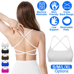 Women Cross Back Sport Bras Padded Strappy Crop Open Back Low Impact Bras Sexy Fitness Tank Tops with Removable Pads Thin Straps for Gym Yoga Workout