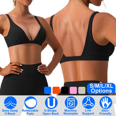 Women Deep V-Neck Sports Bras U-Shaped Back Sport Bras Padded Strappy Crop Open Back Low Impact Bras Sexy Fitness Tank Tops with Removable Pads for Gy