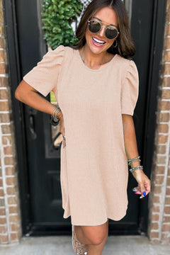 Blossom Corded Crew Neck Puff Sleeve Mini Dress
